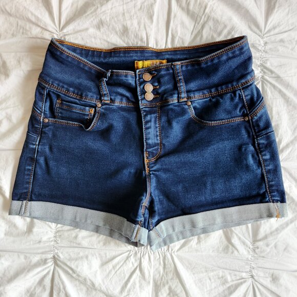 Butt, I Love You Wax Jean Size M Dark Denim Rolled Cuff Mid-Rise Shorts STRETCH - Picture 1 of 10